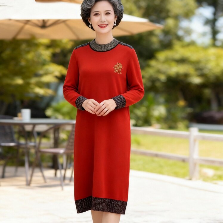 红色连衣裙女2025秋冬款长袖高档喜婆婆婚宴衣服高端羊毛妈妈裙子