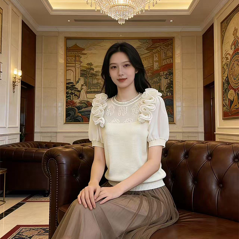 原创设计款 轻奢高级感镂空拼接蕾丝花朵针织衫高雅气质短袖T恤女