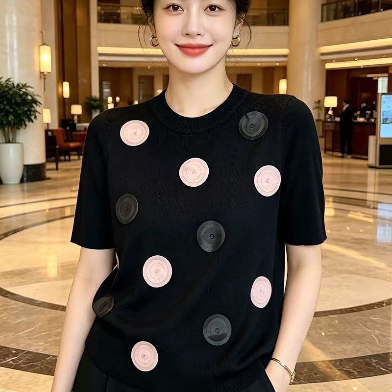 美学波点 时尚大码冰丝短袖t恤女夏装宽松显瘦百搭针织上衣