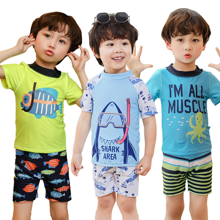 New Boys' Split Sun-Protective Quick-Drying Three-Piece Set for Toddlers and Young Children, Including Shorts, Swim Cap, and Swimsuit for Ages 2-10