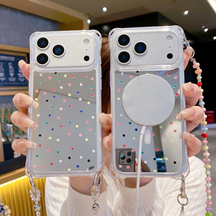 磁吸充电彩色小波点点镜面斜挎挂绳电话壳适用iPhone17ProMax苹果15promax手机壳16硬壳13软边12防摔11补妆镜
