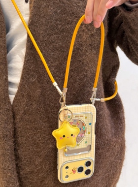 星星人卡通可爱镜面手机壳卡包插卡适用苹果17promax女时尚斜挎小星星橙色挂饰包包皮质手提腕带iPhone16pro