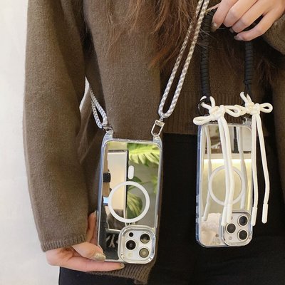 适用iphone16promax手机壳补妆镜面磁吸充电新款苹果15pro斜挎挂绳可背高级感16防摔14pro手腕绳13全包电话套