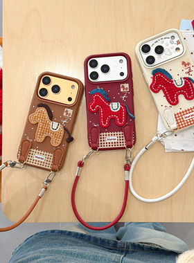 新款17适用苹果17promax手机壳蝴蝶结编织马带挂绳iPhone16ProMax皮质新款15时尚卡通14创意13高级感12保护套