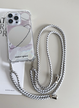 17promax挂绳斜挎适用苹果14手机壳iphone11Proma镜面x亚克力78Plus银色星球补妆镜面四角开孔保护套彩色星球