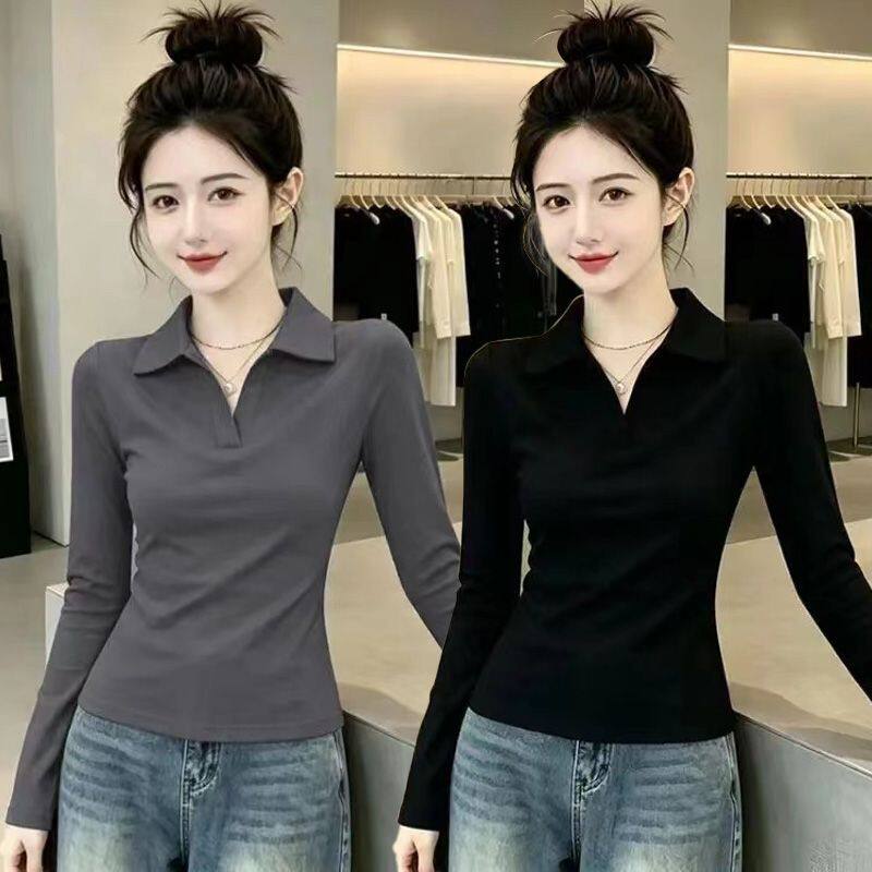 长袖T恤女2026春秋季新款修身显瘦内搭打底衫百搭短款polo领上衣