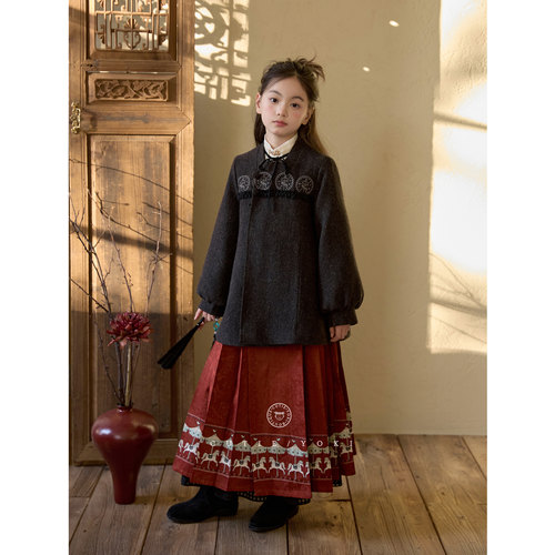 CUTIEYOKI童装亲子装秋冬年服汉服衬衫织金马面裙汉服刺绣外套