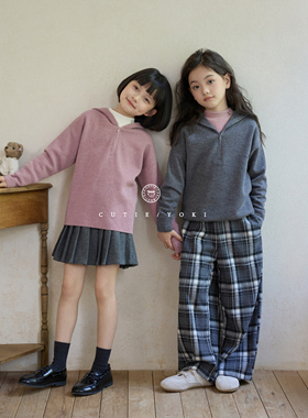 YOKI童装女童针织卫衣实用主义新奥精纺100%羊毛48支拉链连帽衫