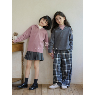 YOKI童装 女童针织卫衣实用主义新奥精纺100%羊毛48支拉链连帽衫