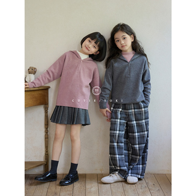 YOKI童装女童针织卫衣实用主义新奥精纺100%羊毛48支拉链连帽衫