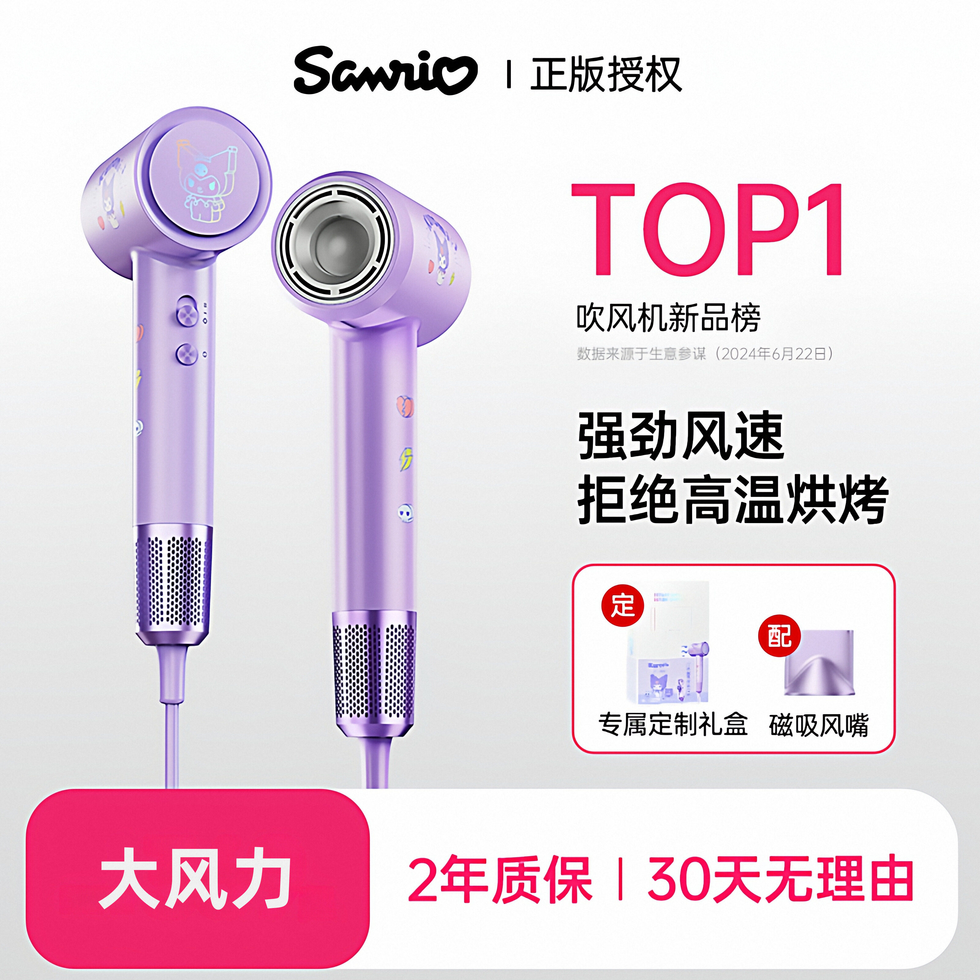 三丽鸥高速吹风机家用大风力负离子护发静音速干电吹风筒宿舍学生