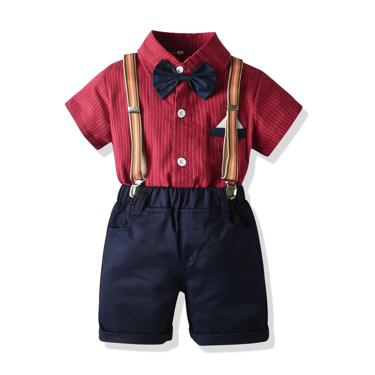 外贸男童夏季套装绅士礼服领结红色条纹衬衣背带裤生日儿童外出服图片