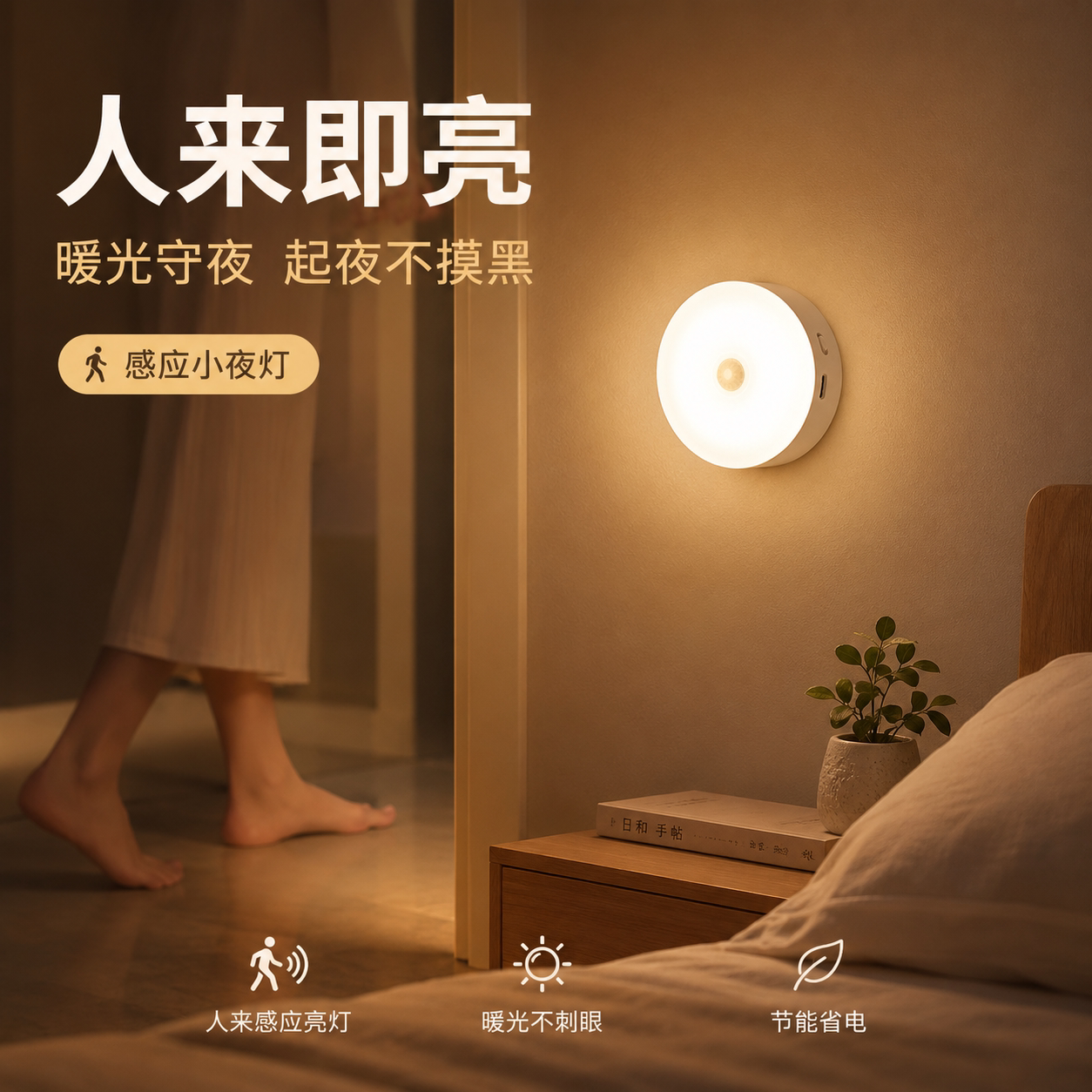 圆形自动感应灯人体感应充电磁吸免布线小夜灯家用柔光夜间护眼