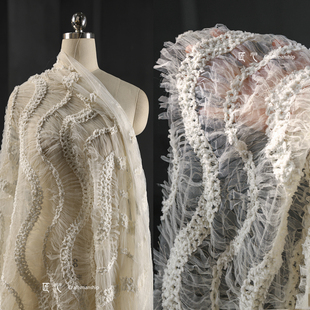 鱼骨织构透视编织波浪网纱布料立体肌理镂空diy礼服服装设计面料