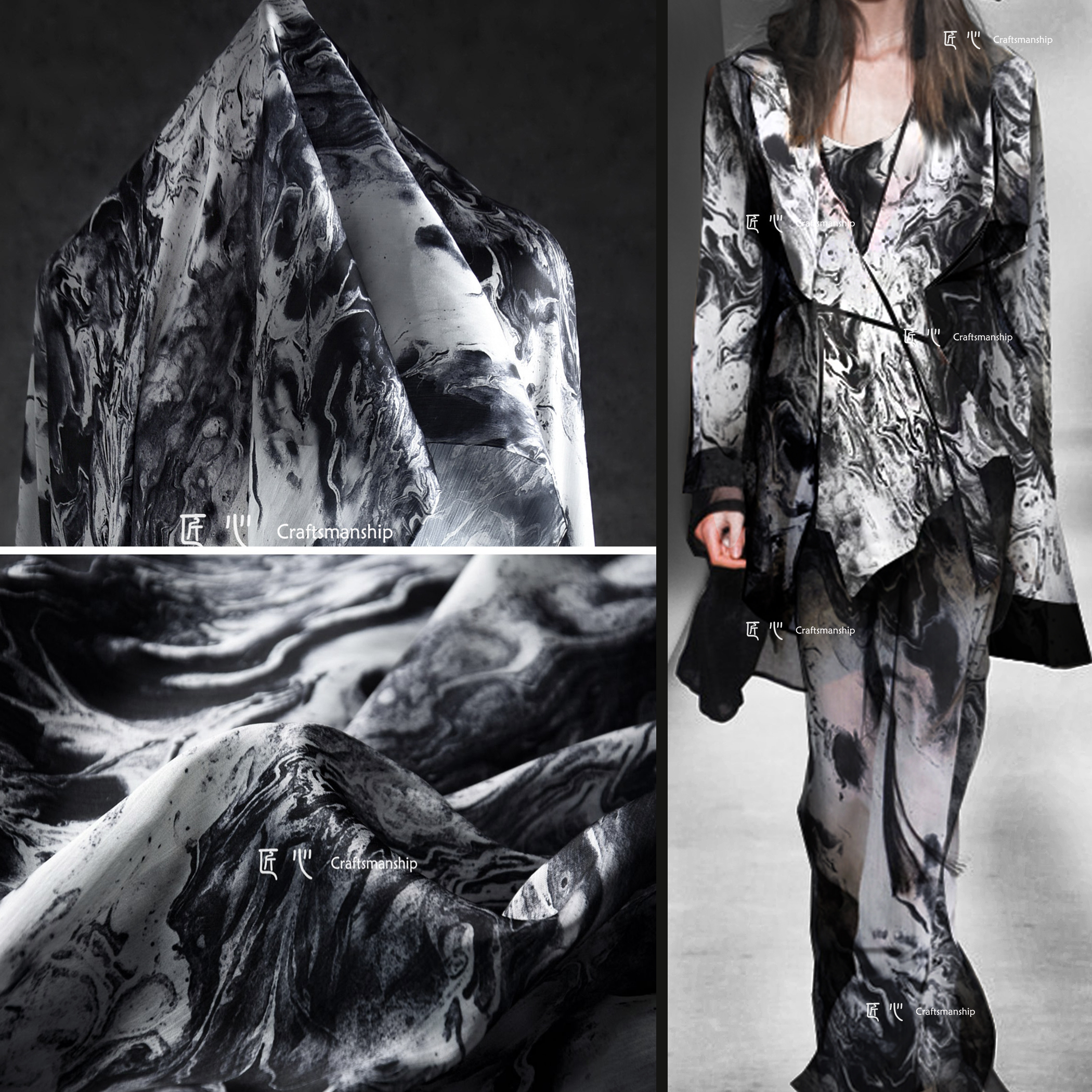 黑色描绘水墨画 冰丝缎面布料 柔软顺滑汉服衬衫裙服装设计师面料,居家布艺,海绵垫/布料/面料/手工diy,淘宝优惠券,粉丝福利购,淘宝优惠卷