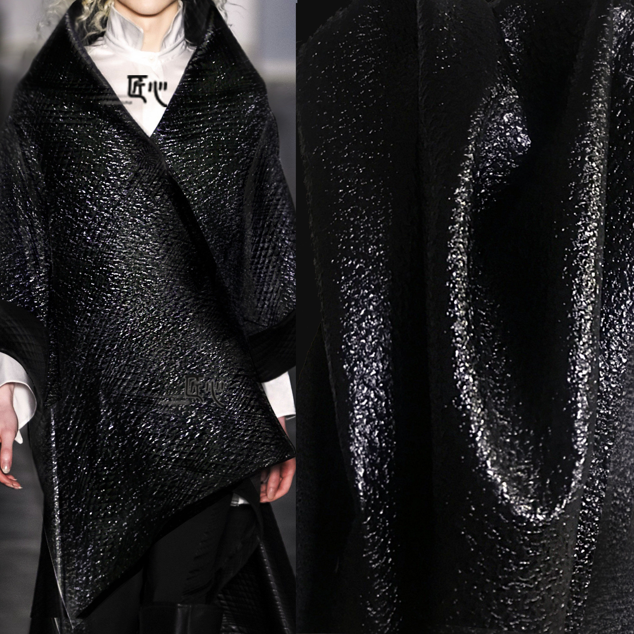 黑色凹凸皮革肌理 厚款涂层pu夹克皮衣纹样创意布 再造设计师面料