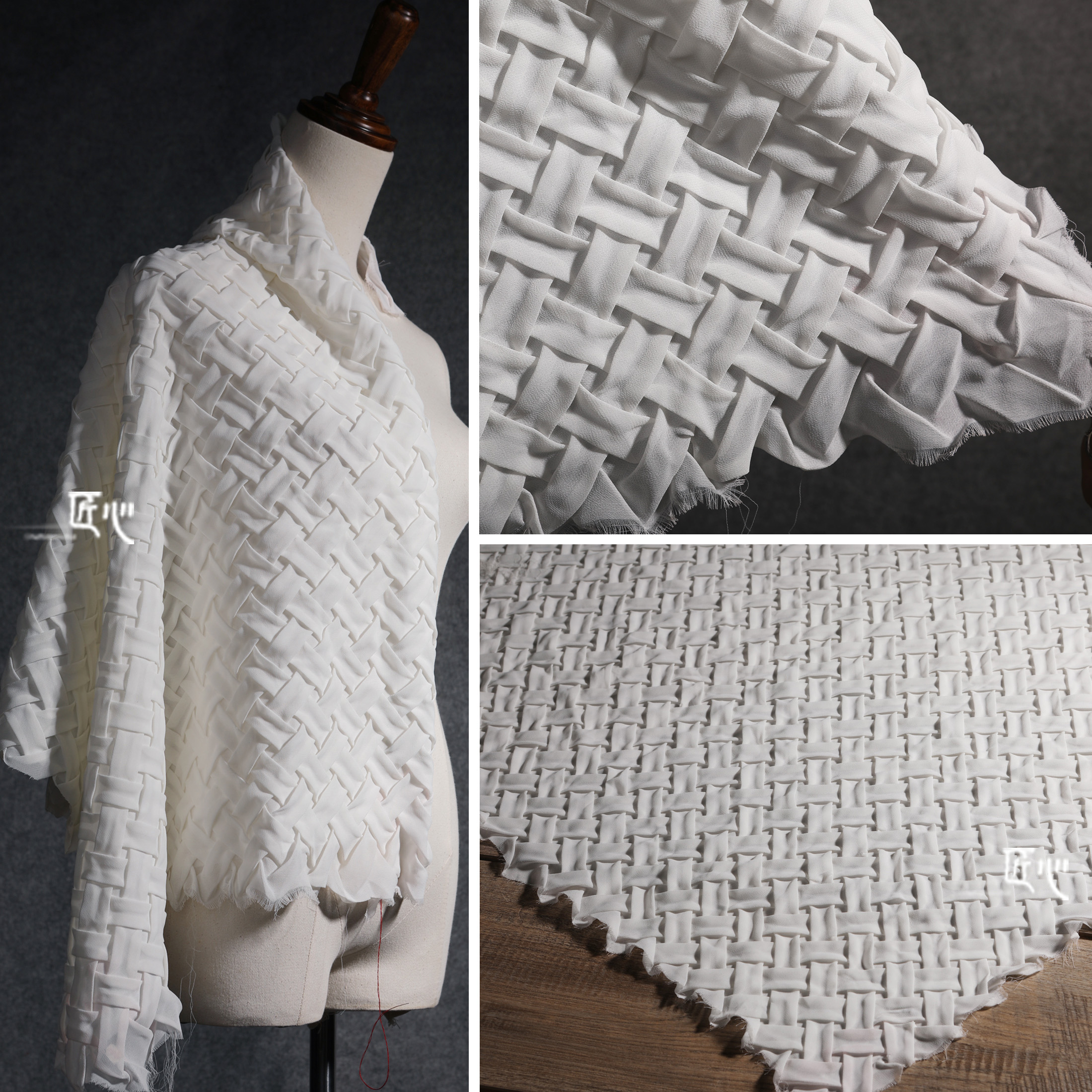 几何编织/方形砖块白色 创意立体雪纺特殊肌理褶皱服装设计师面料