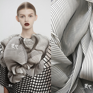 压褶/立体黑白空气层条纹 竖纹肌理设计师面料创意个性服装针织布