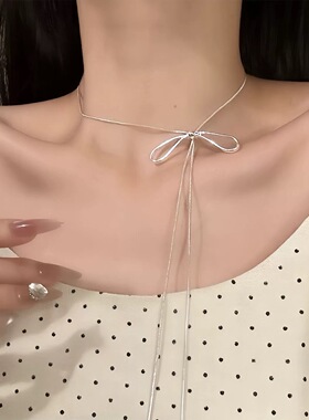 甜美简约抽拉蝴蝶结项链女款韩系小众设计长款卫衣链配饰百搭新款