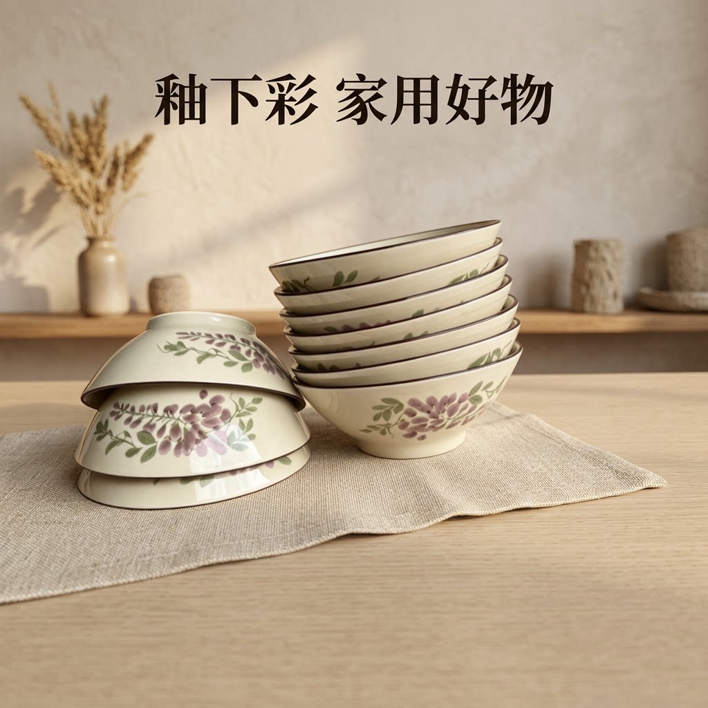 紫藤花创意家用中式复古陶瓷碗 小碗喝酒碗火锅蘸料碗釉下彩餐具