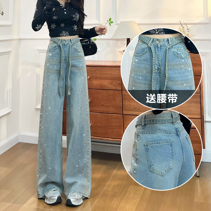 宽松超火百搭精致烫钻阔腿牛仔裤图片