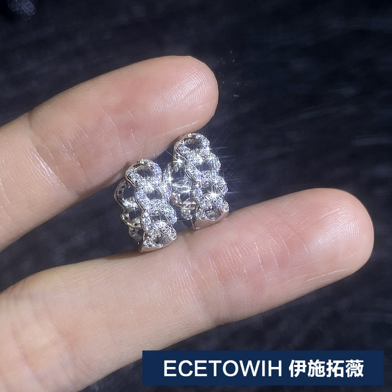 ECETOWIH新款 欧美轻奢S925银莫桑石耳环麻花无限号耳圈风设计感