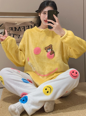 跨境台湾kkkh80363# 珊瑚绒睡衣女秋冬加绒加厚法兰绒圆现货