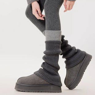 灰色针织袜套女中筒秋冬季 设计感粗线羊毛堆堆袜拼色y2k小腿腿套