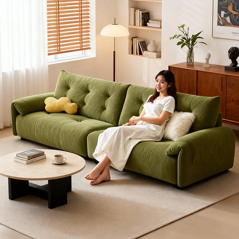 雪尼尔布艺沙发客厅小户型直排2026年新款中古风绿色猫抓布沙发