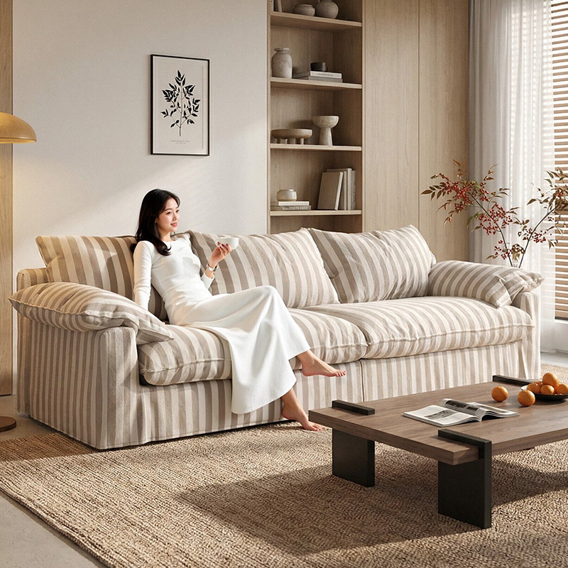 KIXOON 新款慵懒风可全拆洗布艺沙发棉麻亚麻条纹客厅小户型直排