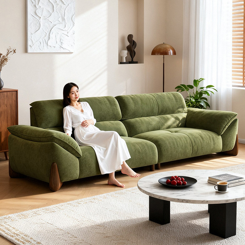 雪尼尔布艺沙发2026新款简约中古风客厅直排小户型绿色猫抓布沙发