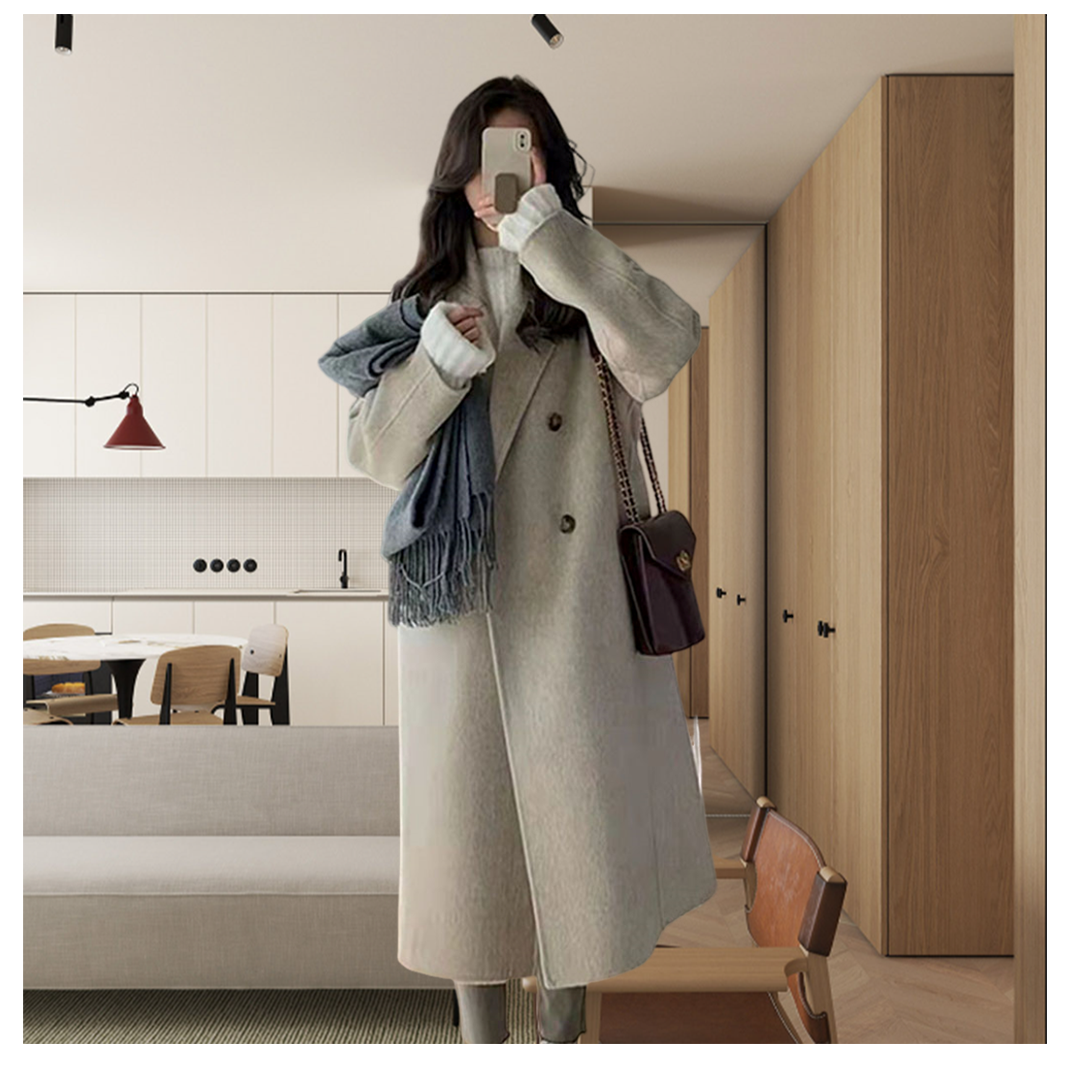 高端双面羊绒女中长款毛呢外套