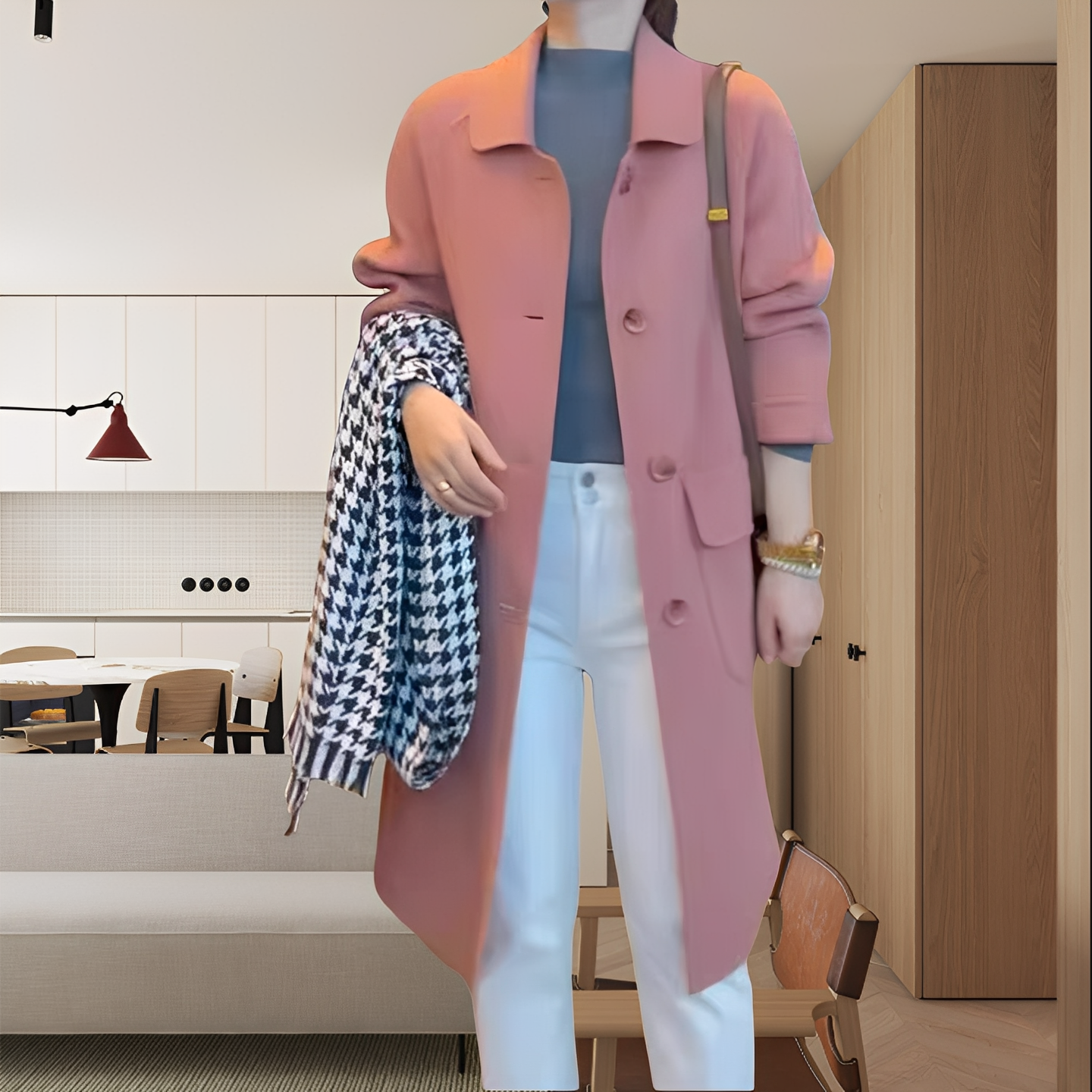 2025秋冬新款粉色毛呢外套