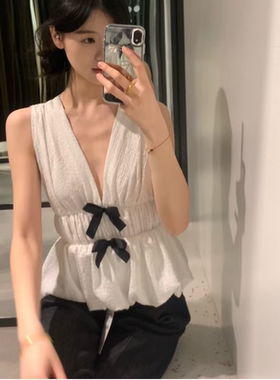 ZA春夏新款甜辣风收腰V领蝴蝶结饰花苞型无袖背心上衣女5067170