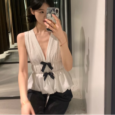 ZA春夏新款甜辣风收腰V领蝴蝶结饰花苞型无袖背心上衣女5067170