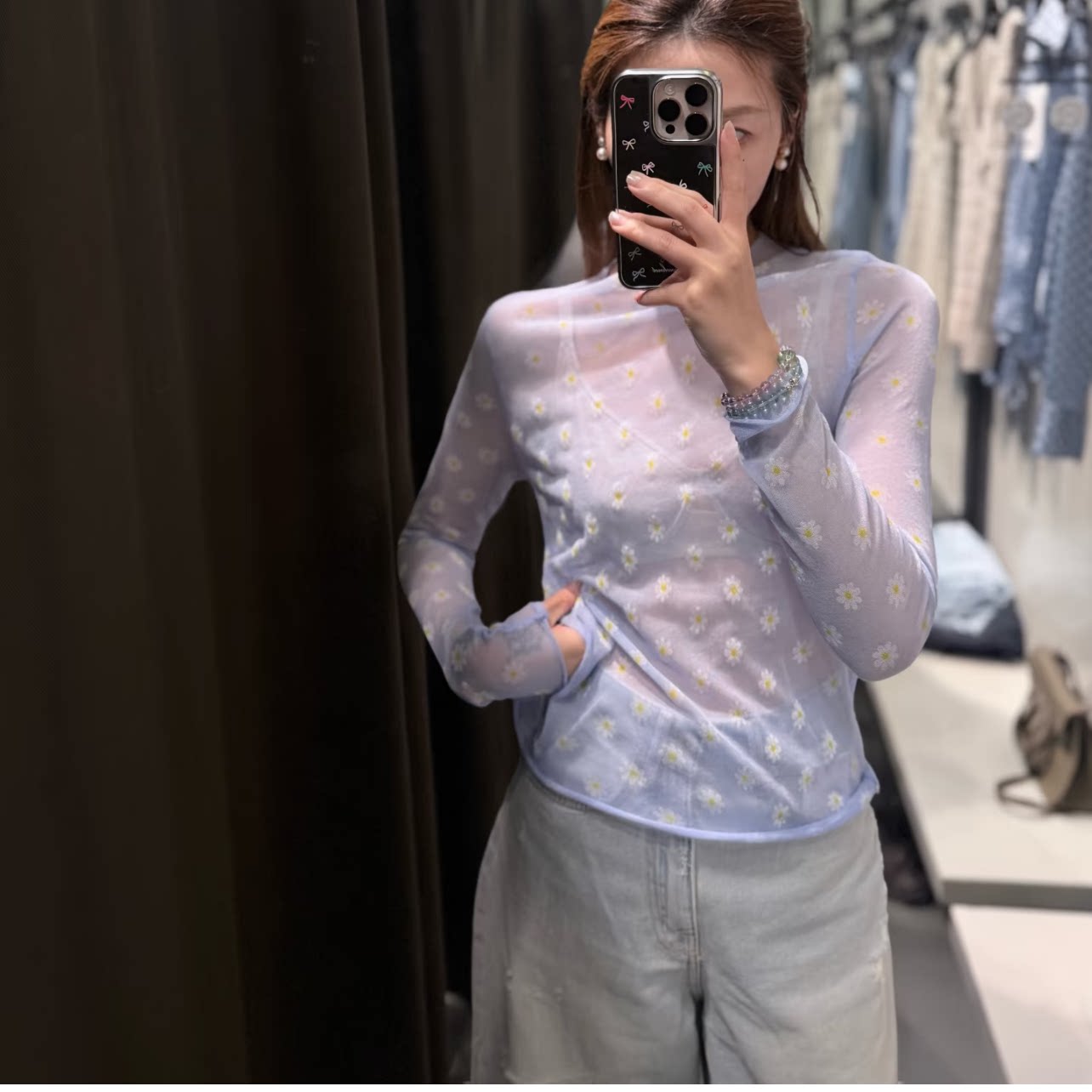 ZA夏季新品女装小雏菊印花长袖圆领花朵半透视针织上衣9598095