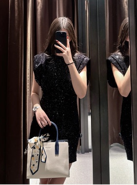 ZA秋冬新品 高级感气质珠片饰天鹅绒短黑色连衣裙 9565/976