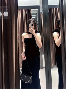 ZA秋冬新品女装围巾饰天鹅绒直领无袖抹胸背心短上衣 9509070