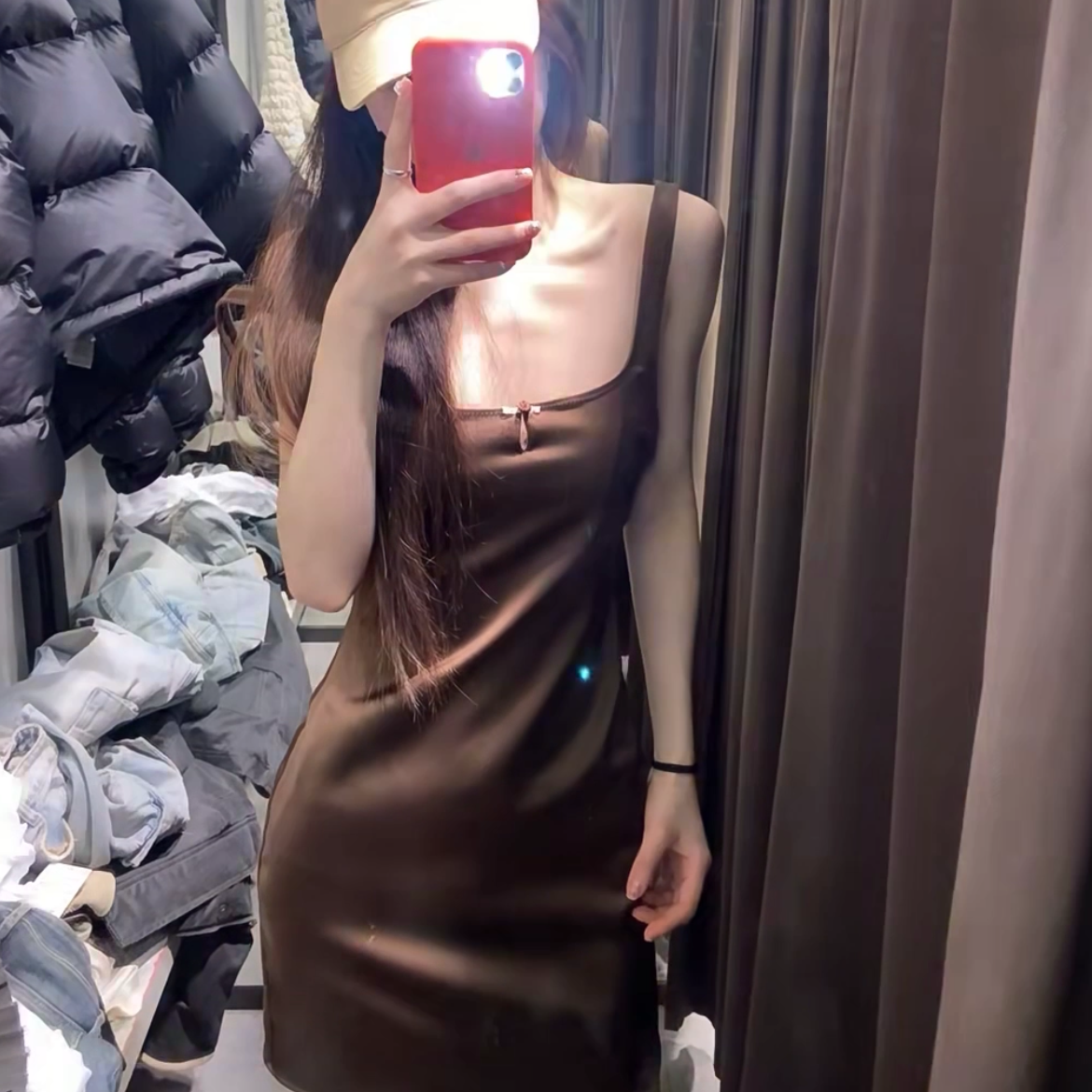 ZA春款新款棕色丝滑缎面修身收腰吊带裙连衣裙小个子女3152306