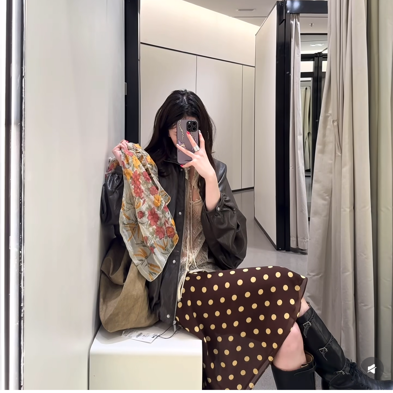 ZA新款女装休闲时尚中腰波点打褶不对称裙子半身裙4661409