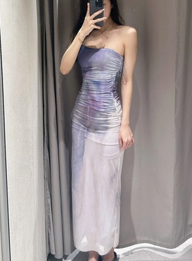 ZA夏季女纯欲风紫色印花褶皱绢网不对称吊带连衣裙7994431