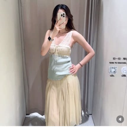 ZA家夏季新款蕾丝拼接V领修身背心女褶皱设计吊带内搭上衣1223015
