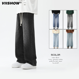 viishow美式牛仔裤男渐变复古高街宽松休闲直筒裤子简约高街长裤