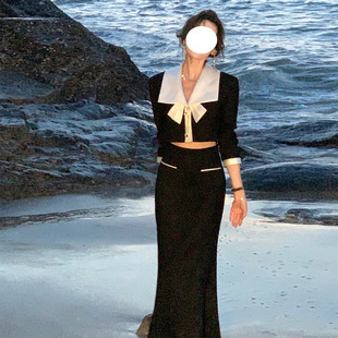 半身裙子 法式 名媛风宴会礼服女黑色套装 拼接翻领短款 上衣