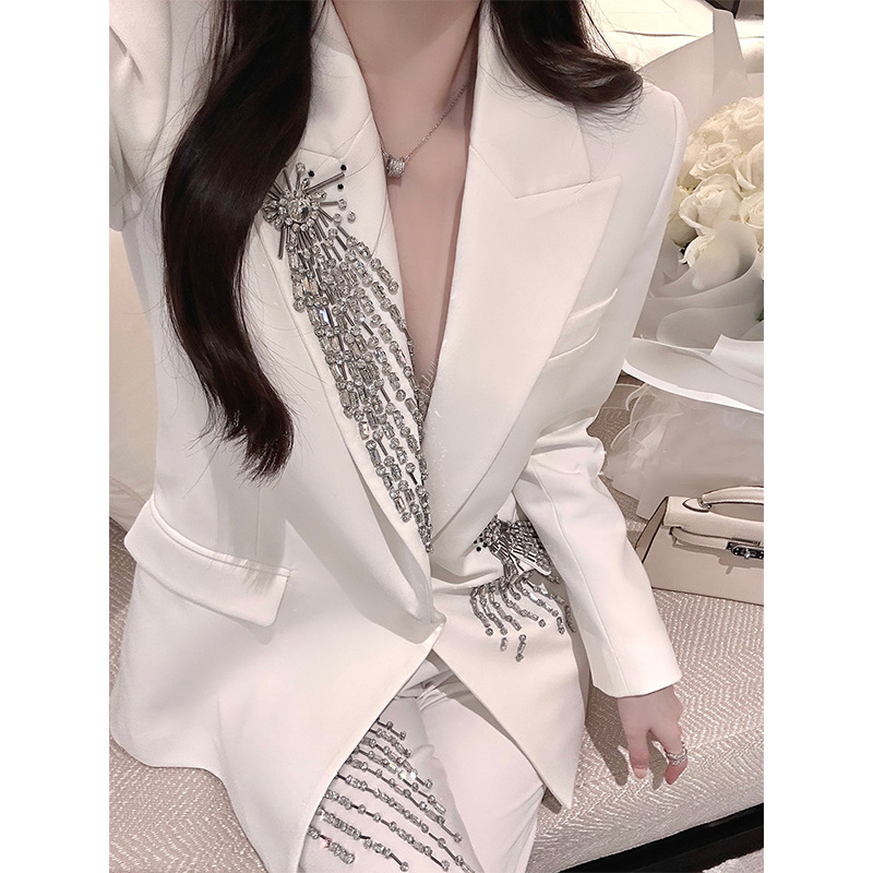 法式名媛风白色气质钉珠水钻西装外套上衣女小西服