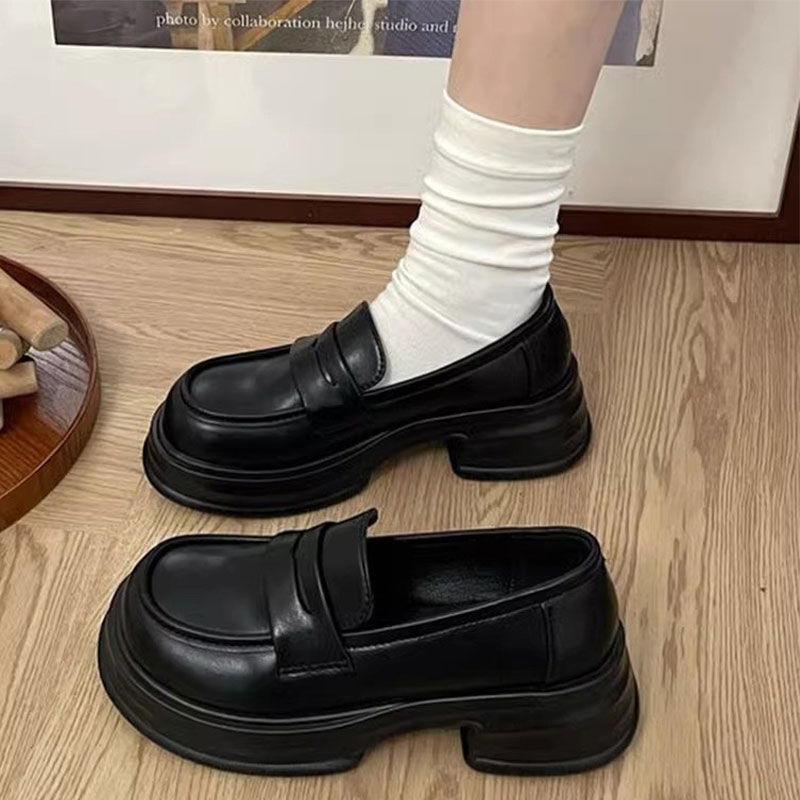 韩式圆头厚底单鞋女黑色学院风小皮鞋百搭英伦乐福鞋jk制服鞋
