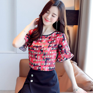 RM20273#洋气花色雪纺衫衬衫女夏装新款短袖打底衫小衫露肩圆领上衣