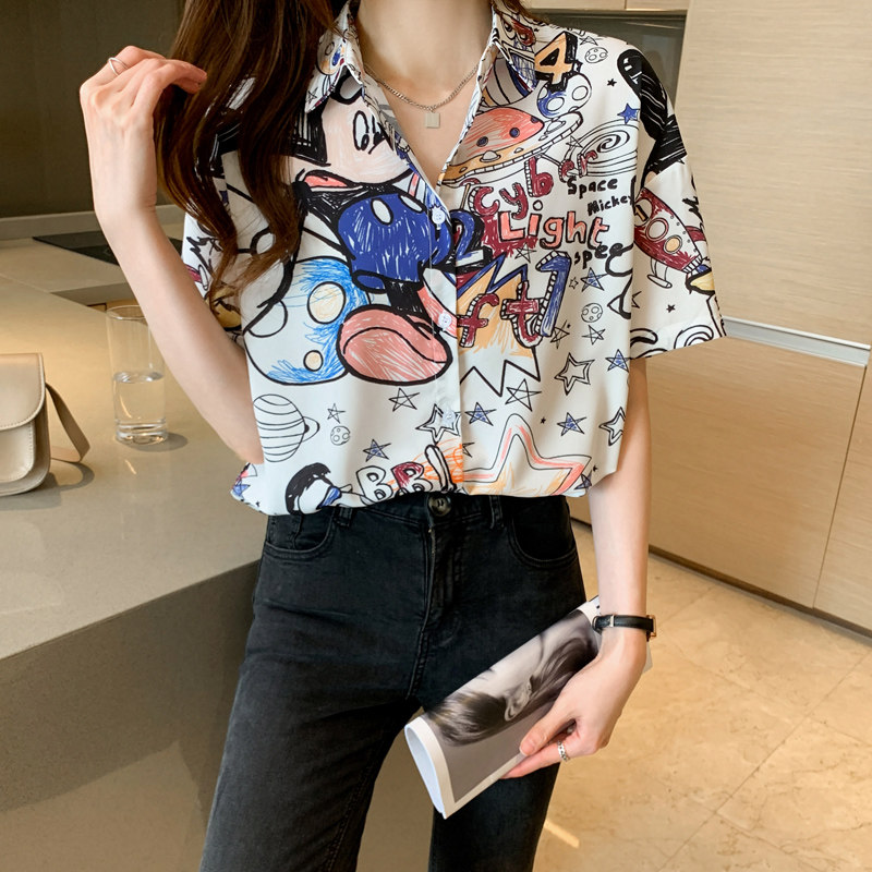 PF8366#港风休闲夏季新款女装翻领短袖雪纺上衣开衫衬衫打底衬衣女裝貨源服裝批發