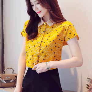 RM20272#洋气雪纺衫衬衫女夏装新款撞色短袖打底衫小衫韩版白花色上衣