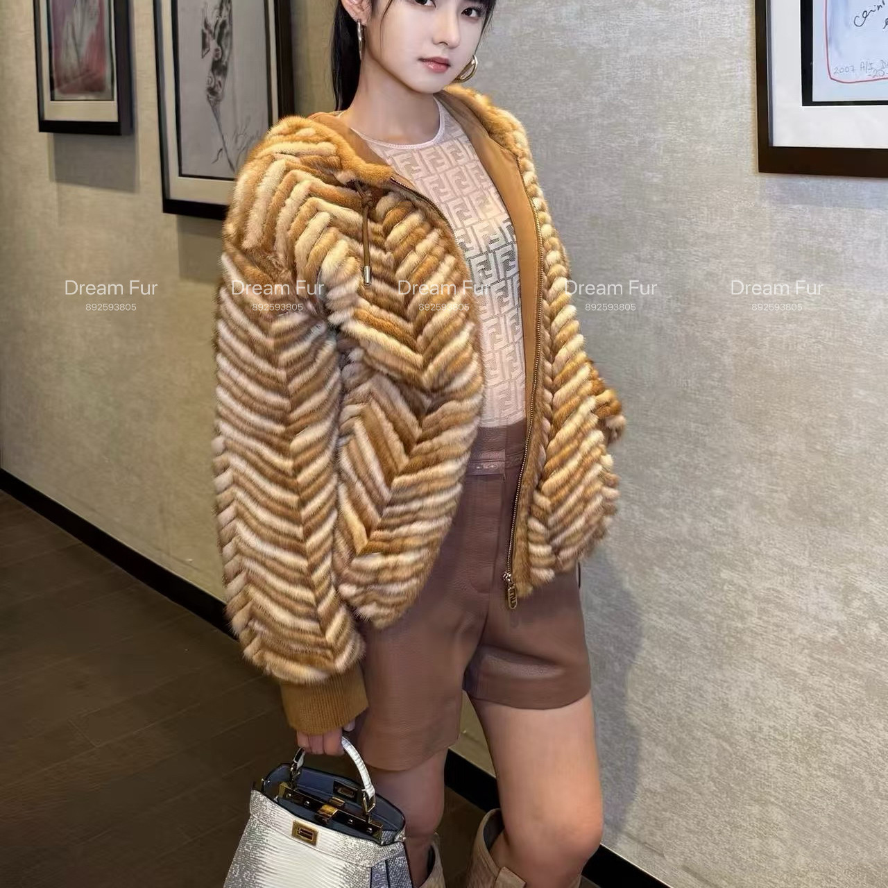 Dream 匠心手作 进口貂皮大衣镶嵌割条工艺水貂连帽女士皮草外套